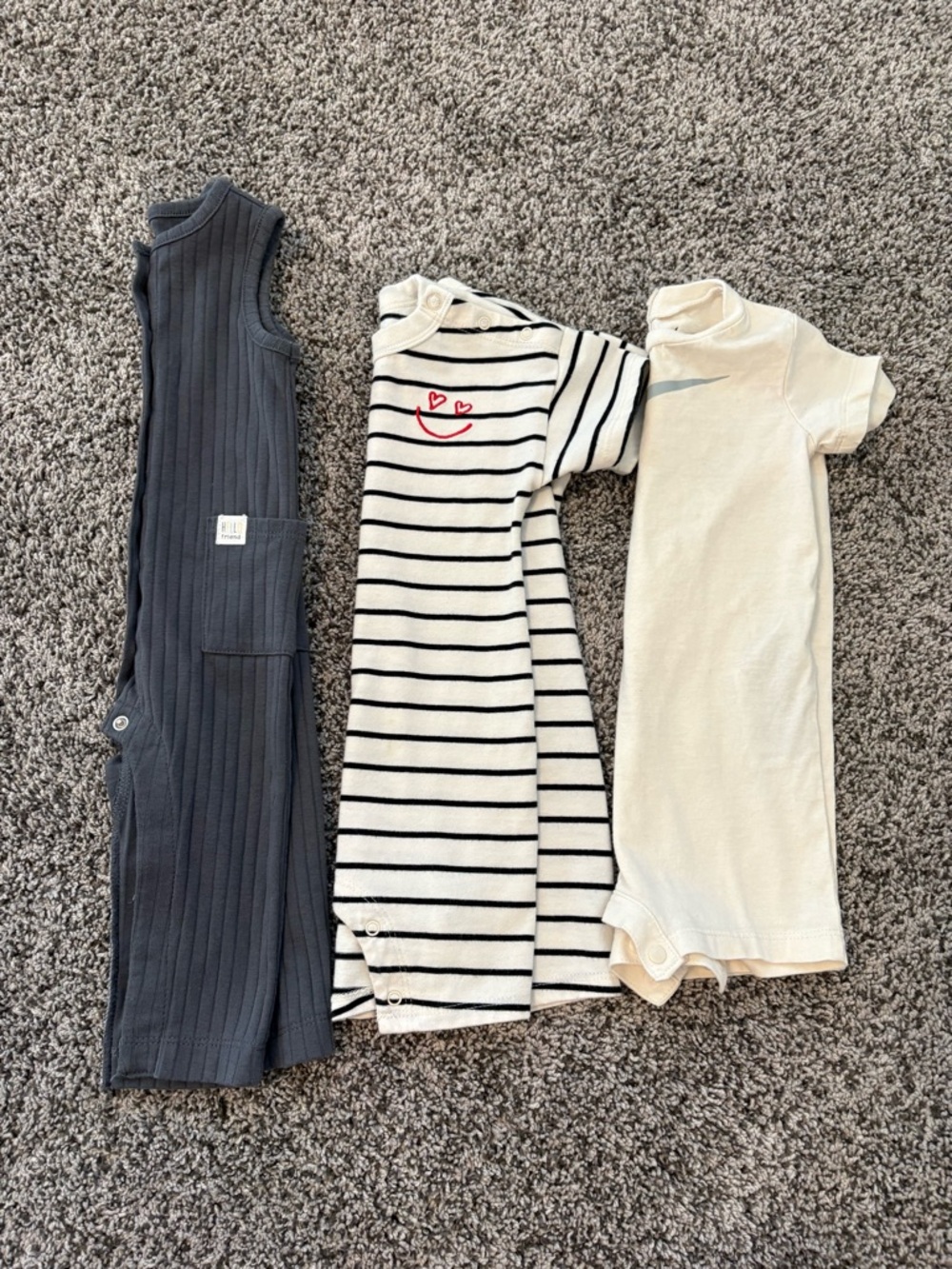 3 Baby Rompers - Navy Ribbed, Cream Stripe, Solid Cream